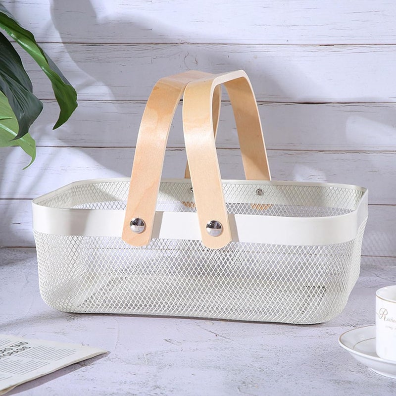 AJIODA Metal Mesh Steel Basket, Storage Organizer Basket Garden Harvest Basket Multi-functional Kitchen Fruit Baskets Bin with Wooden Handle for Bathroom Picnic Shopping Decor Cabinet Home, White - Image 4